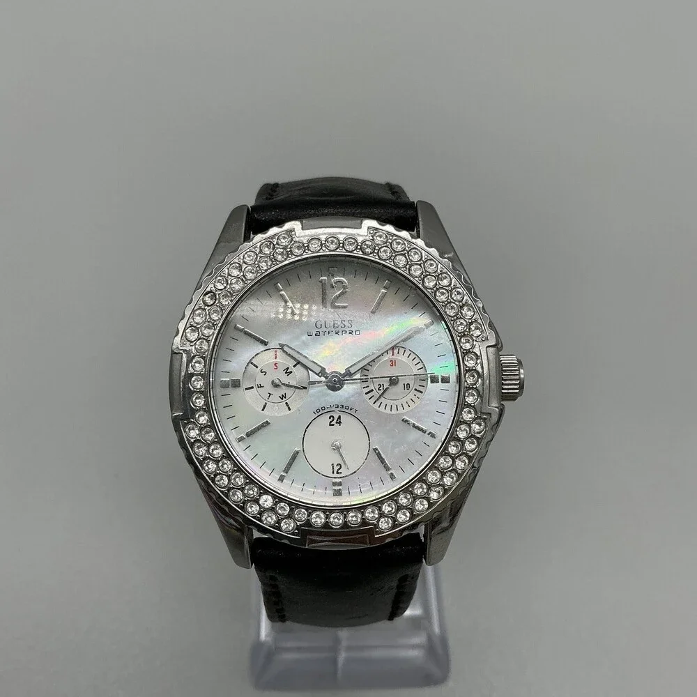 Guess Waterpro Womens Watch 38mm MOP Dial Black Leather Crystals New Battery